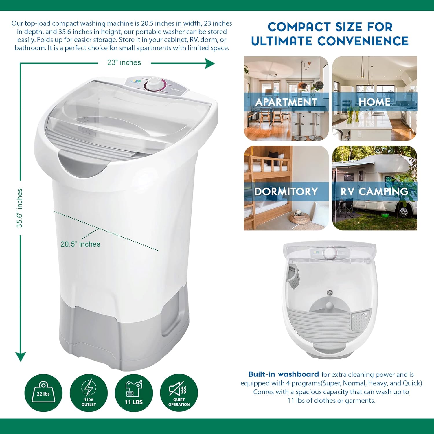 The Laundry Alternative Poseidon Portable Washer - Small Washing Machine for Apartment Living & RV Travel with Real Agitator & Innovative Foldable Design - Compact Washer Ideal for Limited Spaces