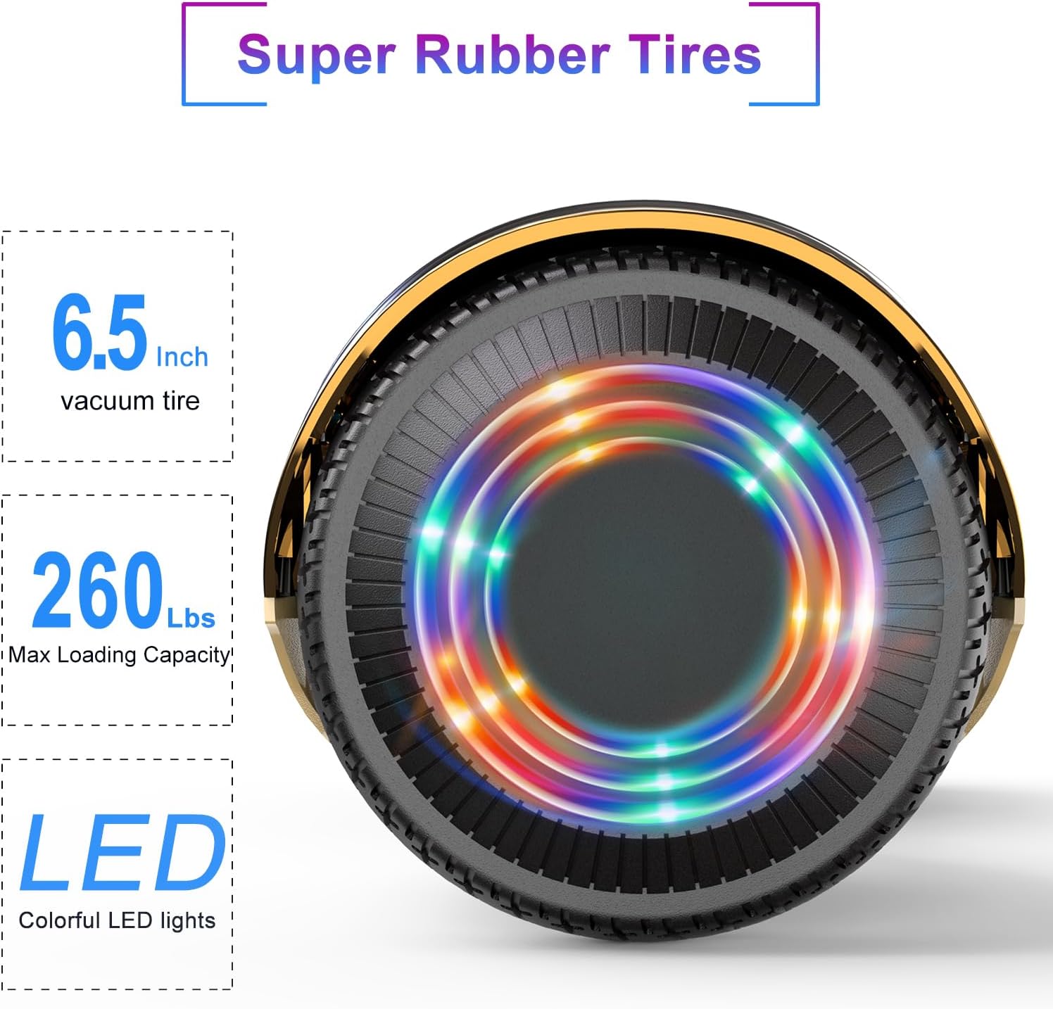 SISIGAD Electric Hoverboard, 6.5 inch Tires, 200 Lbs. Max Weight, Hoverboard with LED light, Gifts for Kids and Adults, Golden