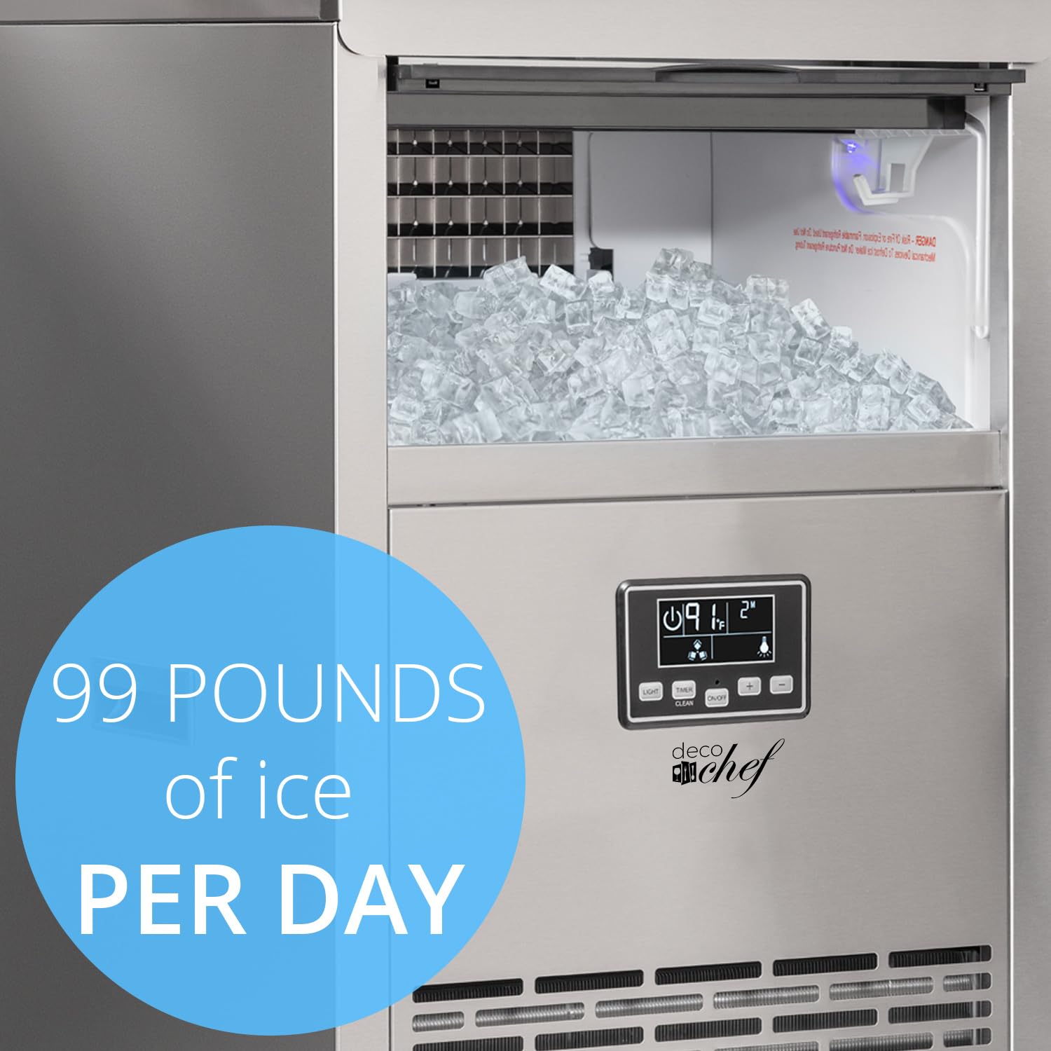 Deco Chef Floor Standing Ice Maker 99lb Every 24 Hours 33lb Storage Capacity Stainless Steel Great for Homes, Basements, Bars, Garages, Pool Houses, Includes Connection Hoses and Ice Scoop
