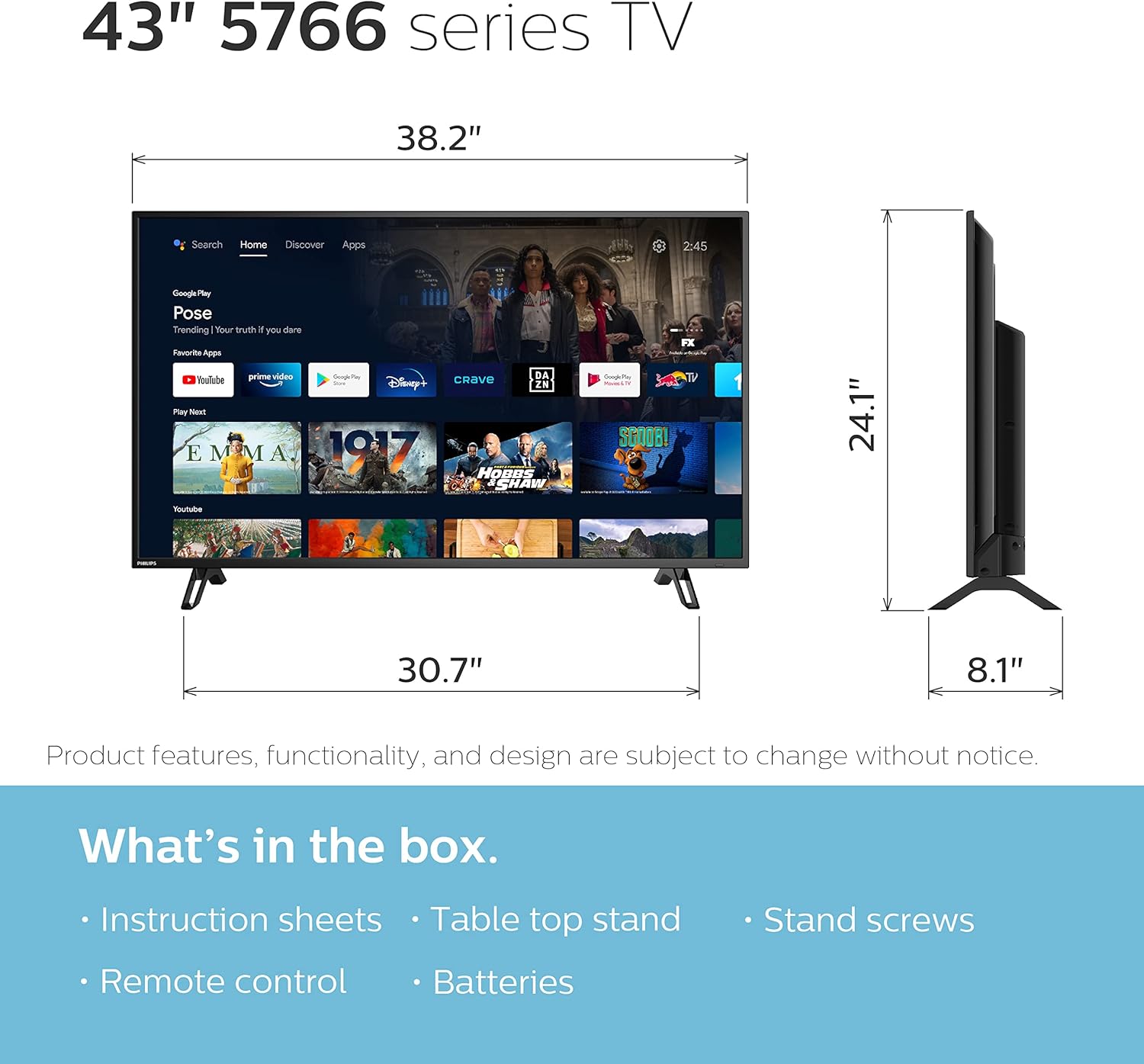 PHILIPS 43" Class 4K Ultra HD (2160p) Android Smart LED TV with Google Assistant (43PFL5766/F6)