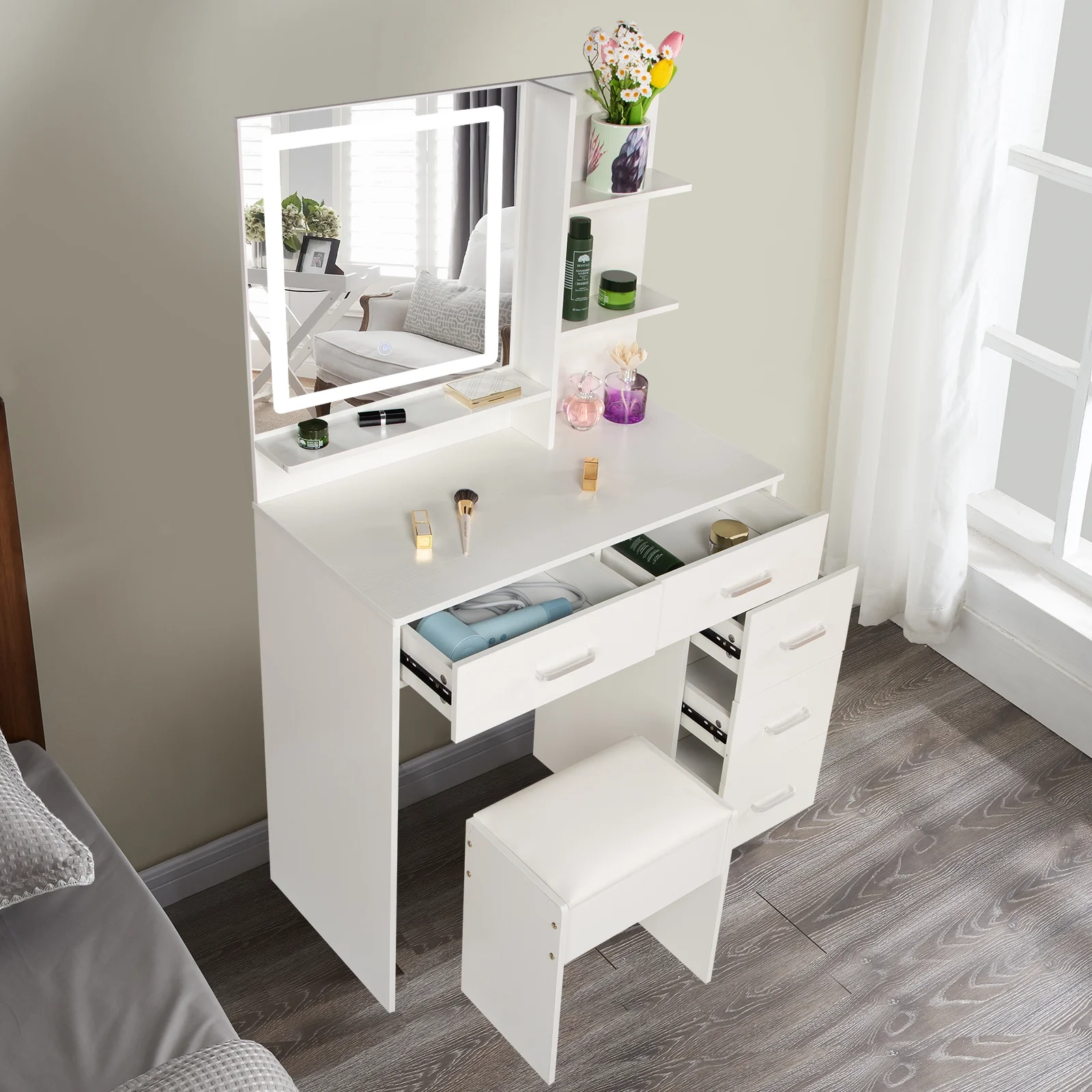JBLCC Vanity Set with LED Lighted Mirror, Makeup Vanity Desk with Drawers and Shelves, Dressing Table with Stool, White Vanity for Girls Bedroom