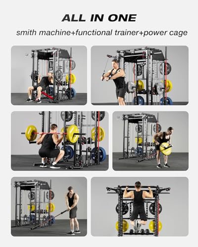 Mikolo Smith Machine, Multi-Function Power Cage with Dual Pulley System, Vertical Leg Press Attachment, Squat Rack Power Rack with More Training Attachment for Home Gym