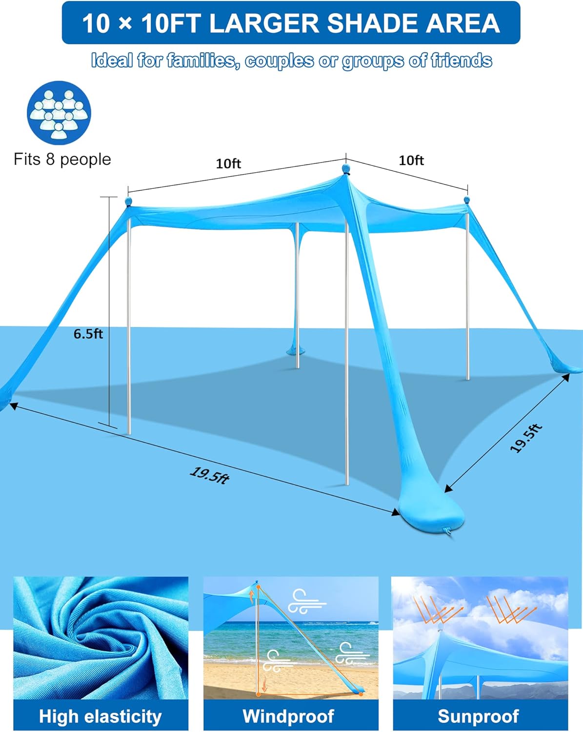 Beach Tent MAXVINI 10×10FT Beach Canopy with 4 Aluminum Poles Beach Shade for 6-8 Adults Pop Up Beach Tent Sun Shelter UPF50+ Easy Setup Beach Tents for Beach Lawn Park Fishing Backyard and Picnic