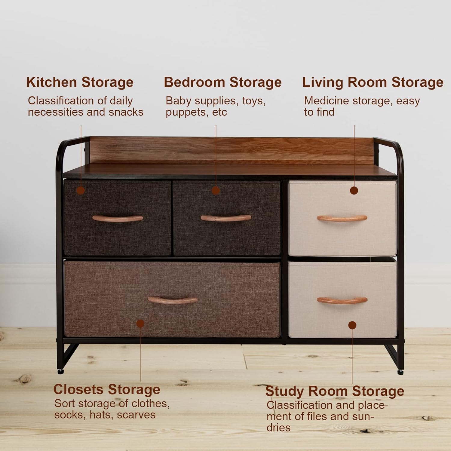 CONNOO Large Storage Dresser Unit, Wide Standing Fabric Dresser Room Organizer Cabinet for Bedroom, Hallway, Entryway, Closet, Nursery, 5 Removable Drawers Storage Tower, Wooden Top & Easy Pull Handle