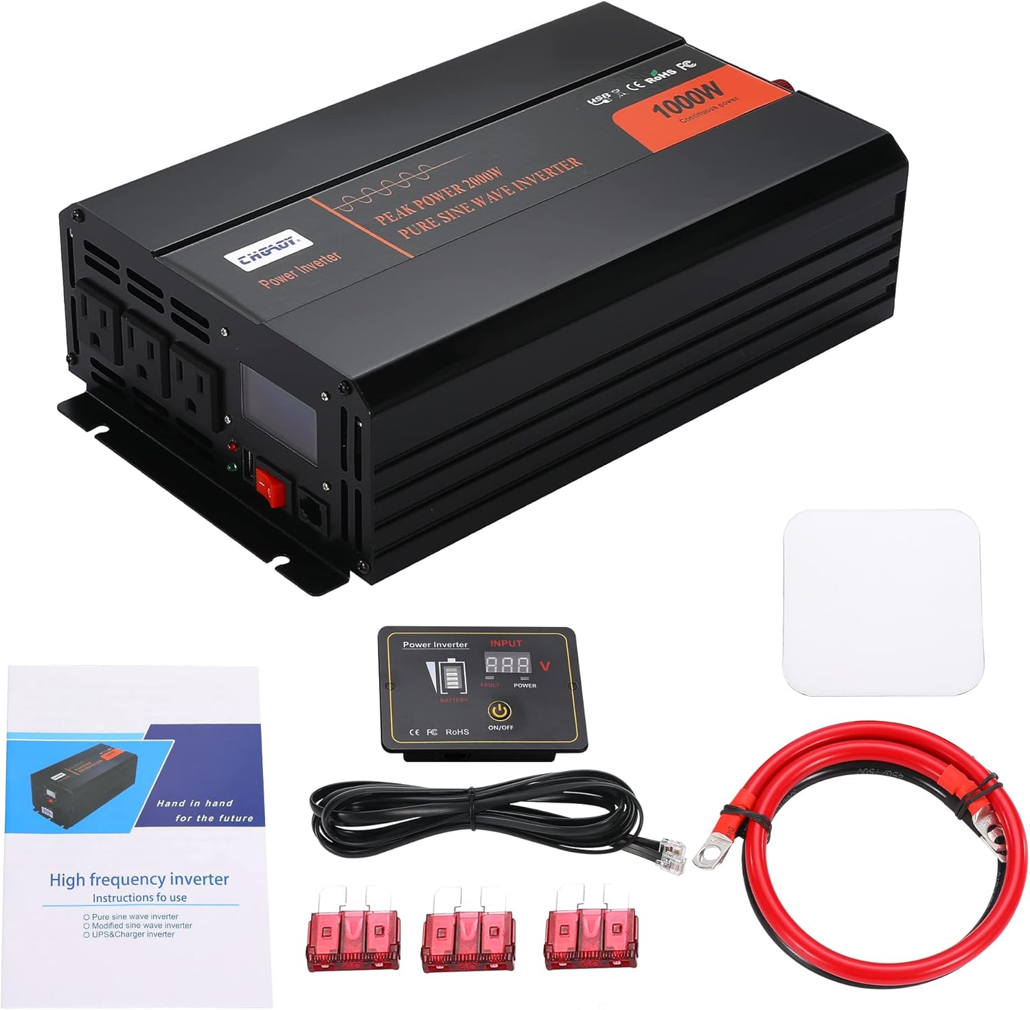 Power Inverter, 2000W Pure Sine Wave Inverter DC 12V to AC 120V Car Inverter with LCD Digital Display Remote Control USB Port Power Converter for Travel/Camping