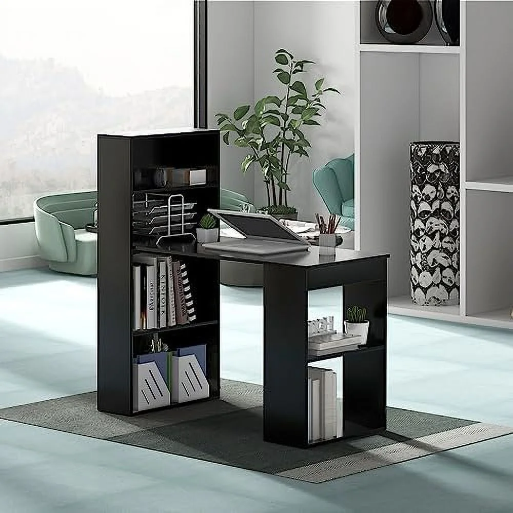 RUNFAYBIU 48 Inch Computer Desk with Bookshelf  3-in-1 Home Office Desk with 4-Tier Bookcase &amp; CPU Stand  Space-Saving Reversible Writing Desk Work Table for Bedroom  Study Room  Offi