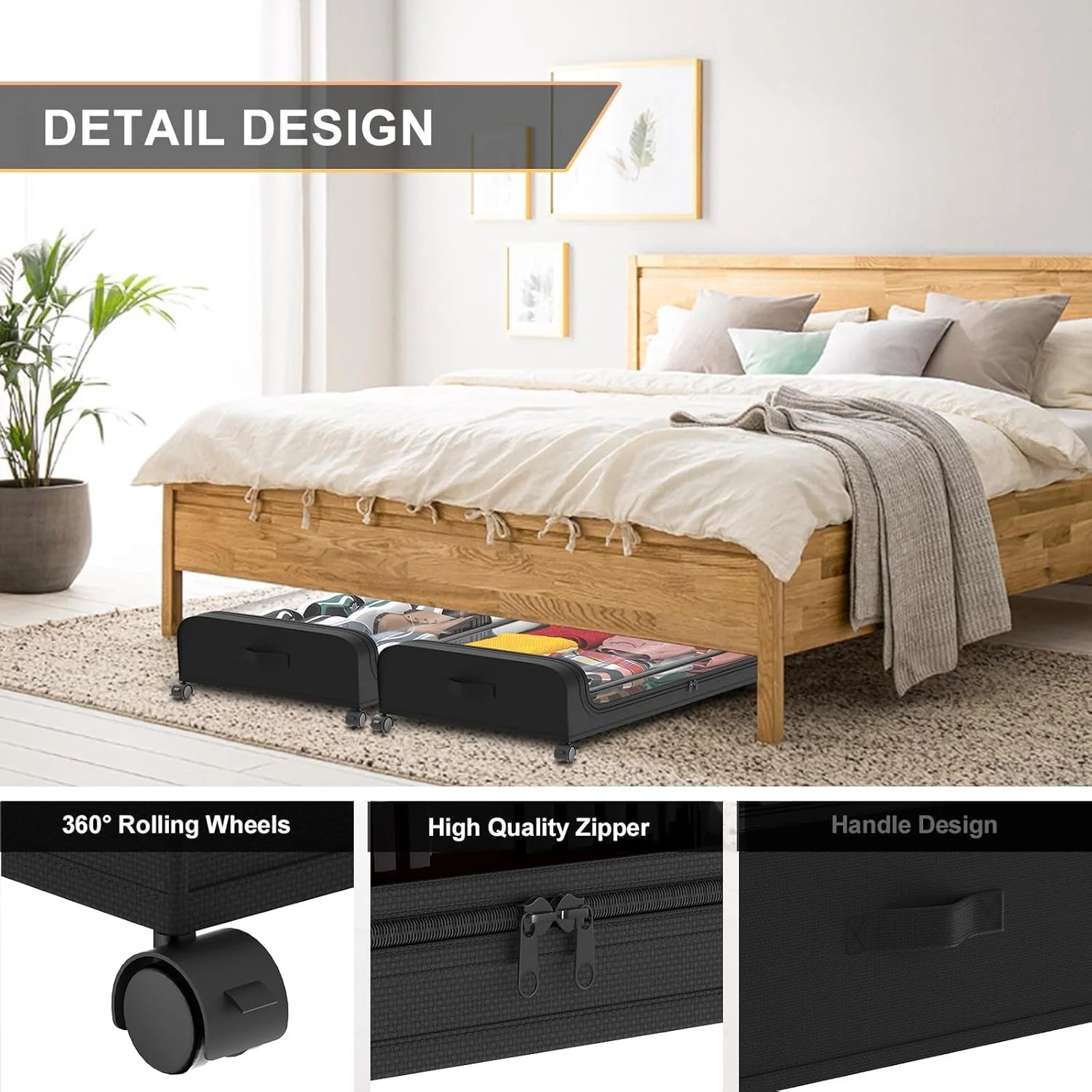 Under Bed Storage with Wheels 2 Pack, Under Bed Storage Containers, Large Under Bed Rolling Storage with Lid, Bedroom Storage Organizer for Clothes, Shoes,Toys, Books, Blankets BLACK