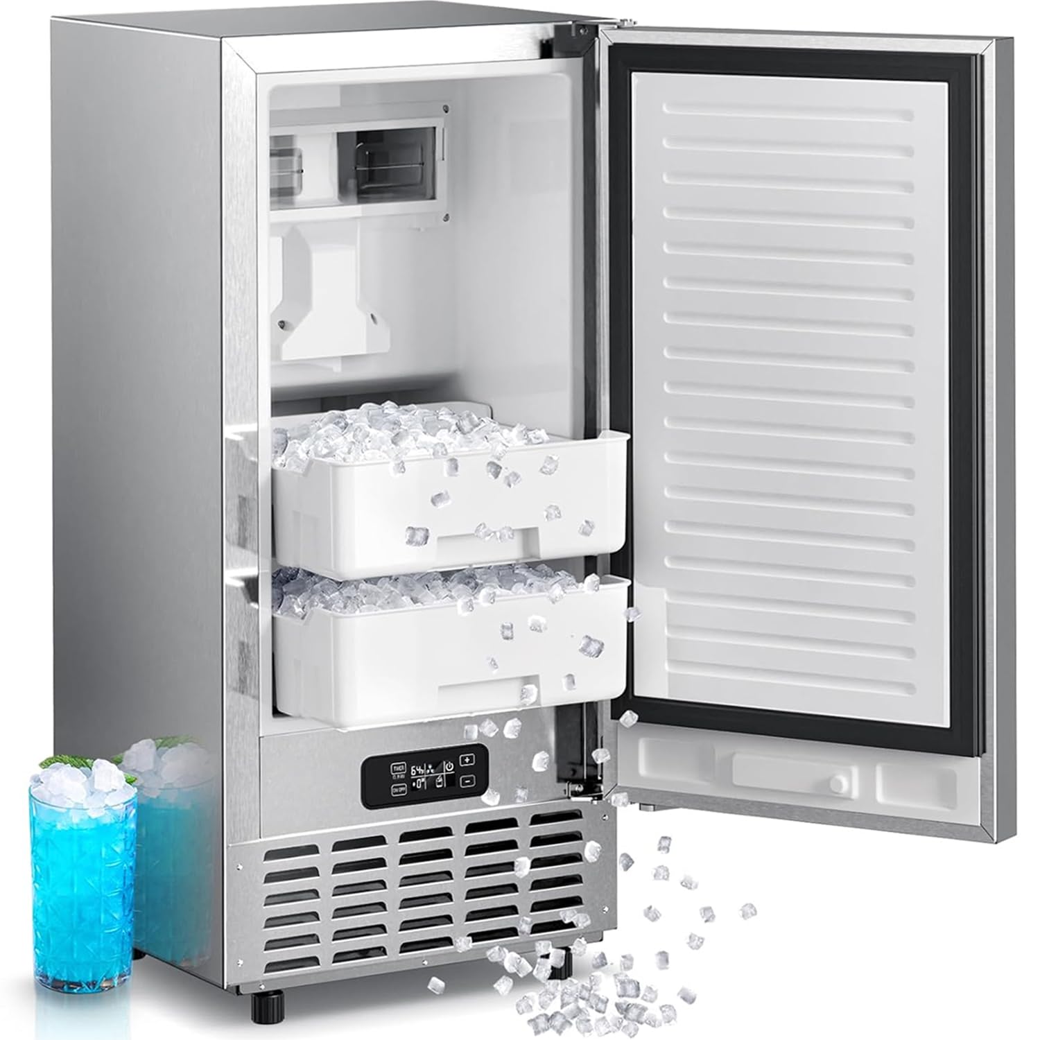 Kismile Under Counter Nugget Ice Maker Machine,66Lbs/Day,Built-in Freestanding Ice Maker with Drain Pump,Self-Cleaning & 24H Timer,18 Lbs Storage, Commercial Ice Maker for Home & Office(Silver)