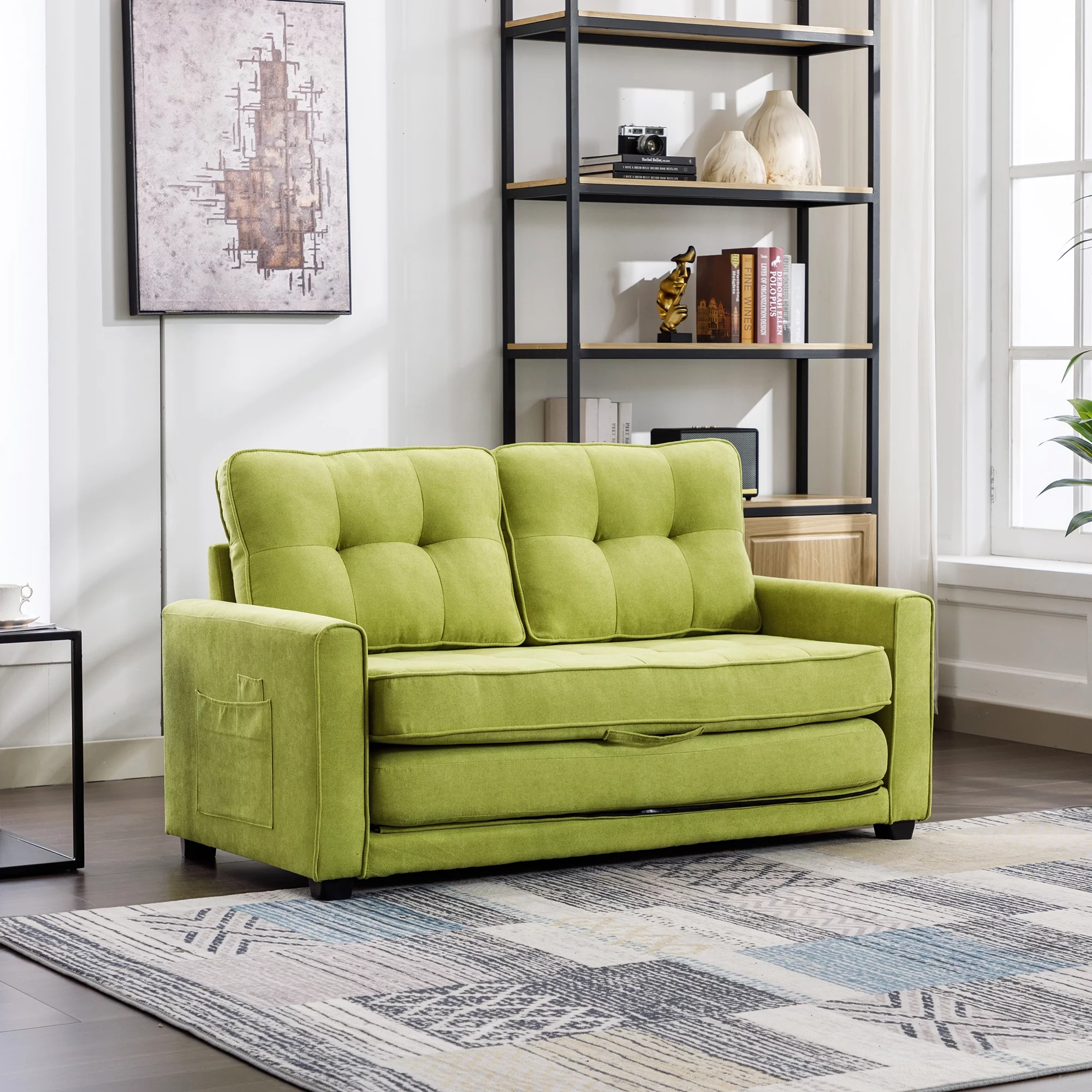 Churanty Convertible Sofa Bed Pull Out Sleeper Loveseat Sofa Chenille Upholstered Couch with Side Pockets for Small Space,Green - Curated Treasures Market