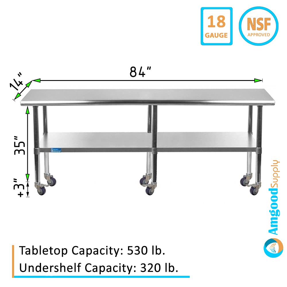 AmGood 18 x 48 Stainless Steel Work Table with Casters | Heavy Duty Metal Utility Table On Wheels | Kitchen Island Cart