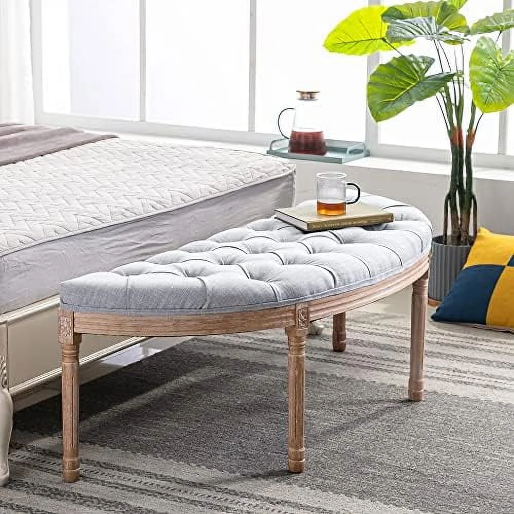 55" Halfmoon Entryway Bench Tufted Semi Circle Ottoman Bench Seat French Style Upholstered Bed End Bench for Foyer Mudroom Bedroom  Beige