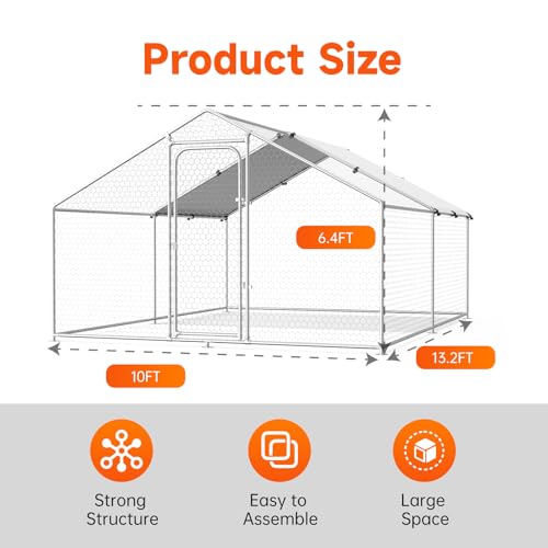 Large Metal Chicken Coop, Chicken Run Poultry Cage Hen with Water-Resident and Anti-UV Cover for Duck Rabbit House Outdoor Walk-in Chicken Pen for Yard, Dome Roof(10’ W x 19.7’ L x 6.4’ H)