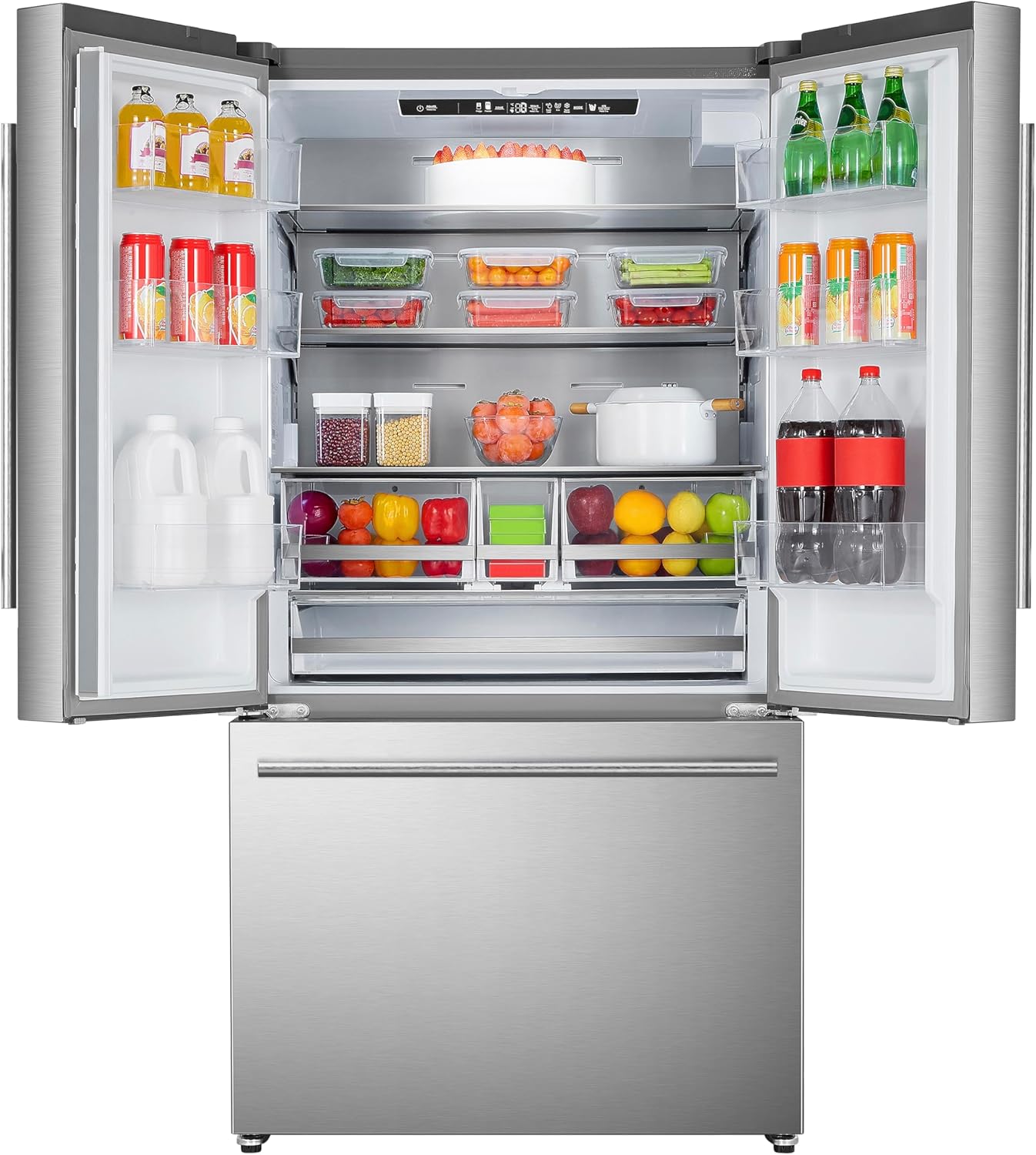 DE210FDBMDSS Refrigerator Built in with French Doors Adjustable Glass Shelves Dual Drawer Bottom Freezer with Ice Maker, LED Interior Light and Stainless Steel Exterior, 36-Inch, Metallic