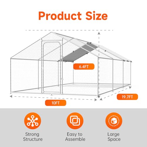 Large Metal Chicken Coop, Chicken Run Poultry Cage Hen with Water-Resident and Anti-UV Cover for Duck Rabbit House Outdoor Walk-in Chicken Pen for Yard, Dome Roof(10’ W x 19.7’ L x 6.4’ H)