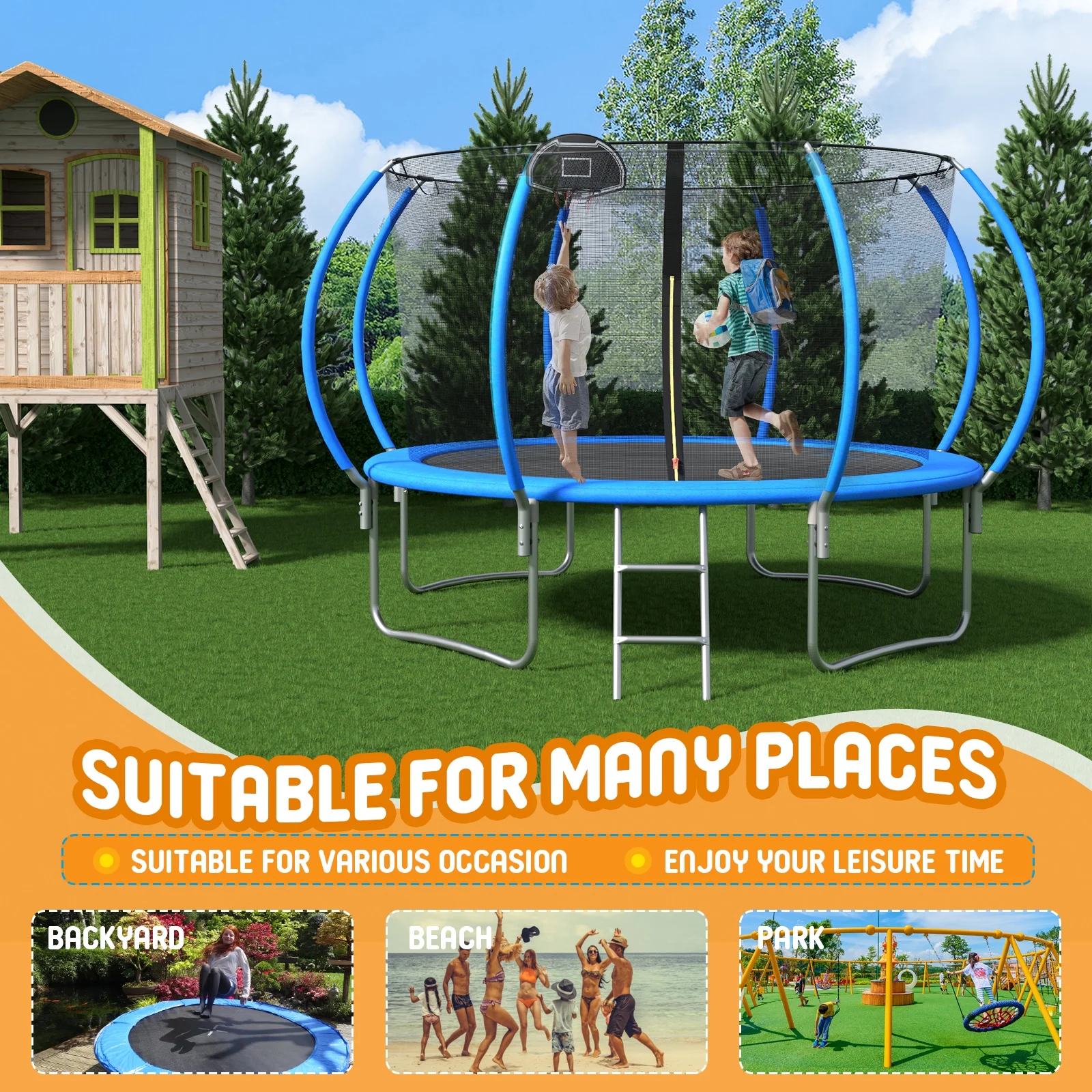 Kids Trampoline with Hoop ON SALES, Seizeen 12FT  Pumpkin Trampoline for Outdoor All-Weather Trampoline W/ Enclosure Net & Anti-collision Curved Pole, Outdoor Round Trampolines Bears 4-6 Kids, Blue