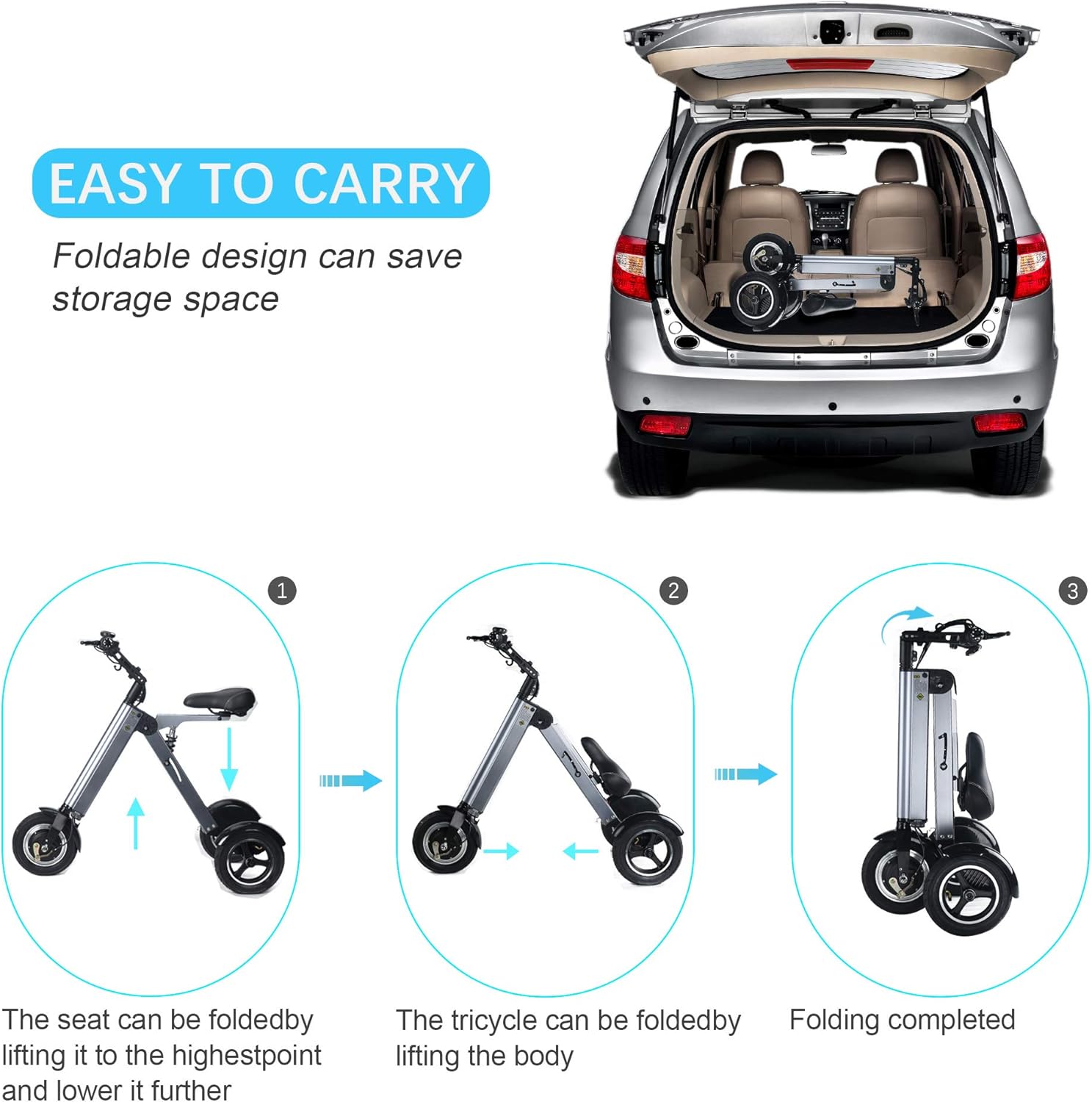 TopMate ES32 Electric Scooter Mini Tricycle for Adult, Folding Electric Mobility Scooter with 10 Inche Pneumatic Tires and Reverse Function, Key Switch and LED Display Electric Trike for Travel