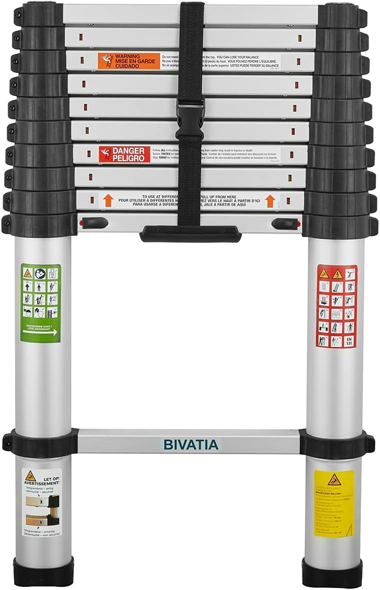 Bivatia 15 Ft Smartsafe Aluminum Telescoping Ladder: Telescopic Extension Ladder Retraction Collapsible Ladder Portable Folding Lightweight Ladder Type 1A with 18.3 ft. Max Reach