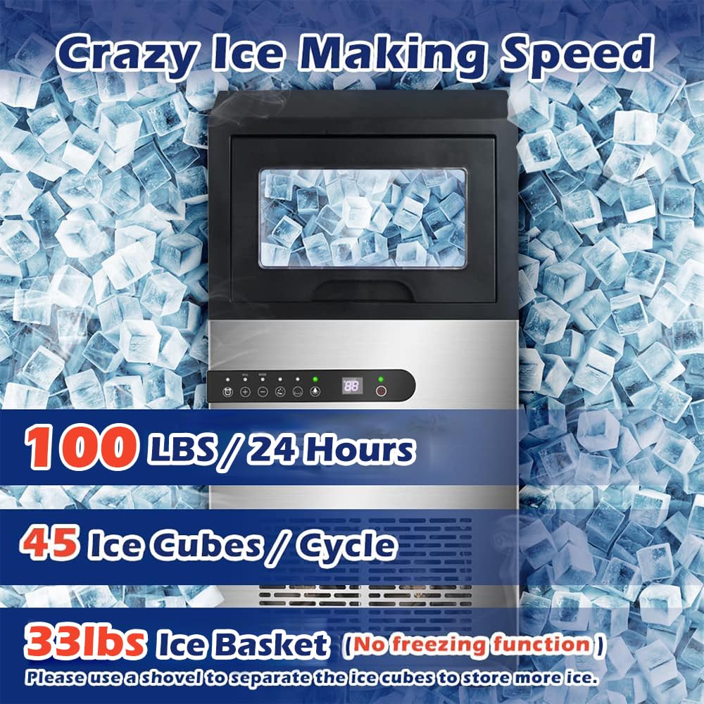 Commercial Ice Maker Machine, 100Lbs/24H Ice Production Under Counter Ice Maker, Tap Water & Top Loading Freestanding Ice Machine, 45 Ice Cubes/Cycle, Include Ice Scoop, Connection Hose