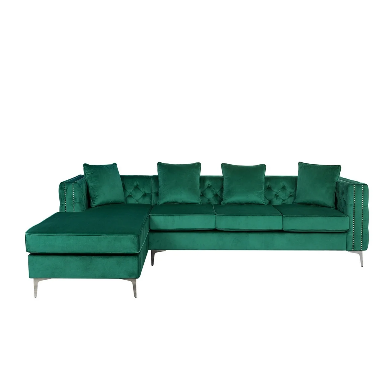 Tommy 68 Inch Chaise Sofa with Nailhead Trim and Tufting, Green Velvet- Saltoro Sherpi
