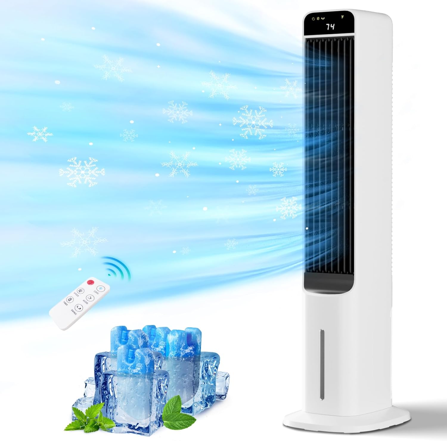 Swamp Cooler, 41" Evaporative Air Cooler With 4 Ice Packs, Remote, 50° Oscillation 3 Speeds 3 Wind Modes, Bladeless Cooling Fan That Blow Cold Air, Portable Air conditioner For Bedroom Home Office