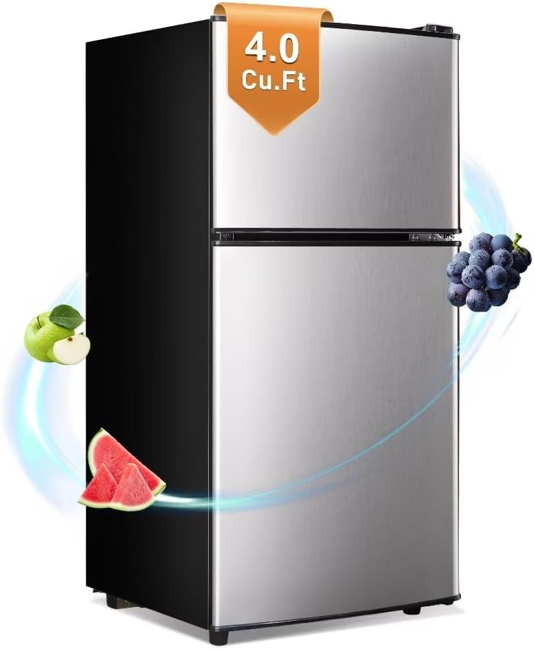 Apartment Size Refrigerator, 4.0 Cu.Ft Double Door Refrigerator with LED Lights and Adjustable Shelves, Suitable for Apartments and Offices, Silver