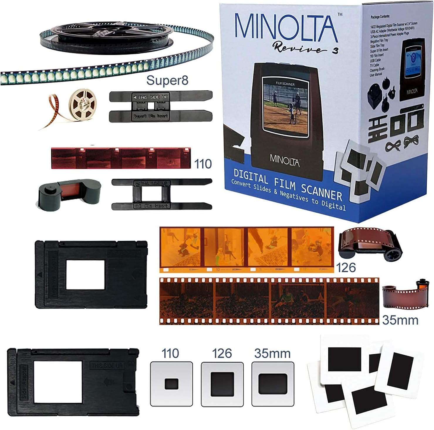 MINOLTA Film & Slide Scanner, Convert Color & B&W 35mm, 126, 110 Negative & Slides, Super 8 Films to 22MP JPEG Digital Photos, 16GB SD Card, Worldwide (Red)