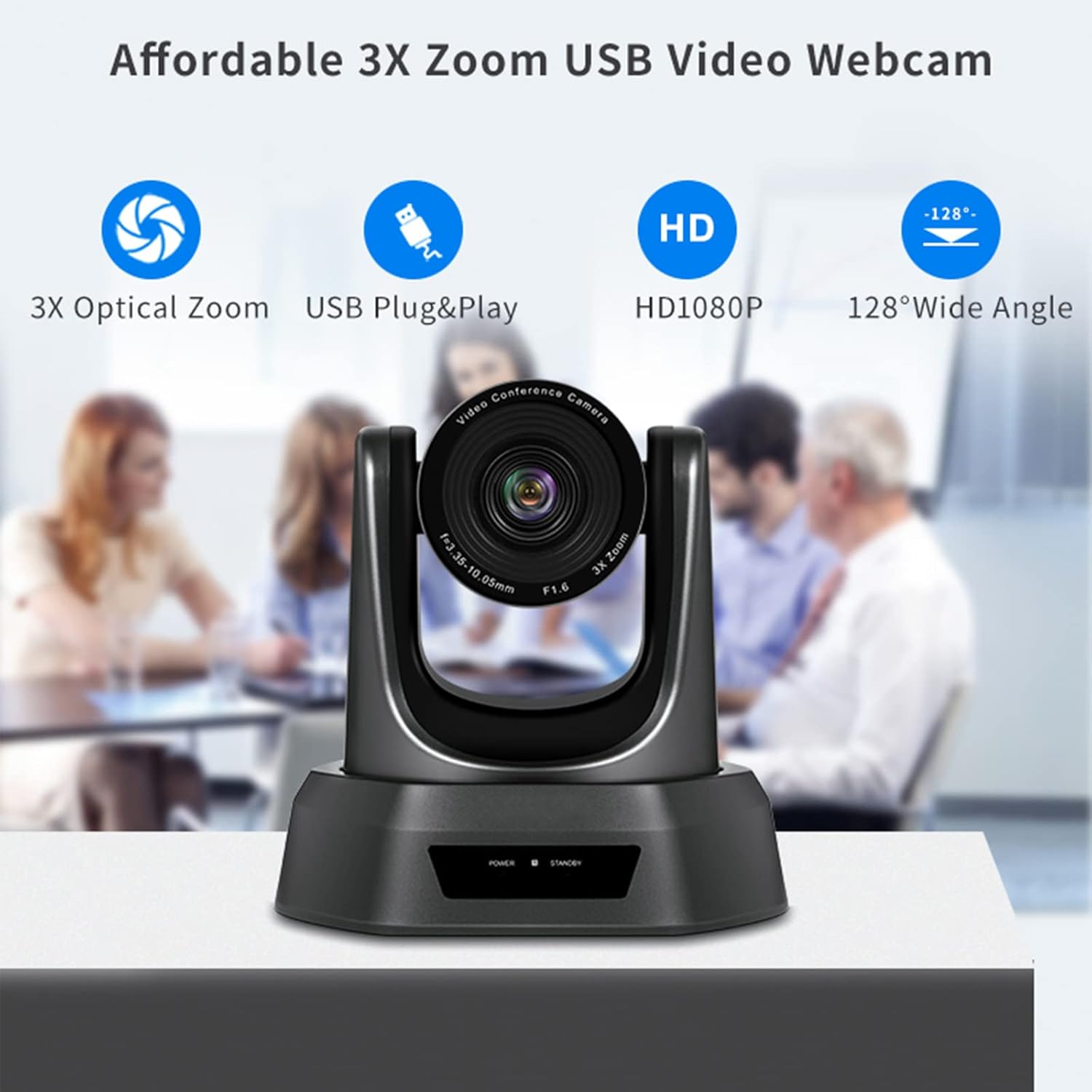 Video Conference Camera, 3X Zoom 1080P HD PTZ Camera, Wide Angle 128°Webcam USB Plug&Play with Mic and Speaker for Home Office Conference Room Church