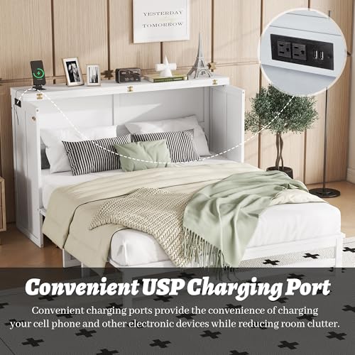 Queen Murphy Bed Cabinet, Murphy Bed Queen with Storage Drawer & Charging Station, USB Port, Solid Pine Wall Beds for Home Office, Studio or Guest Room, White