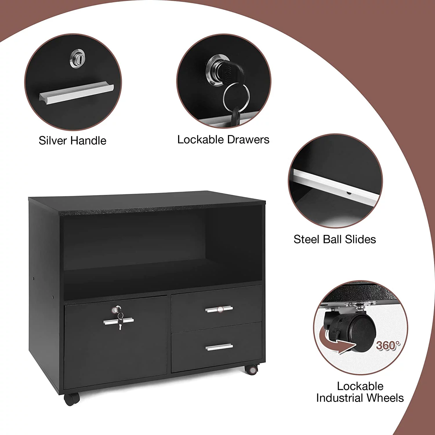 Karmas Product Wood File Cabinet with Lock 3 Drawer Large Mobile Lateral Filing Cabinet with Rolling Wheel Printer Stand with Open Storage Shelves for Home Office, Black