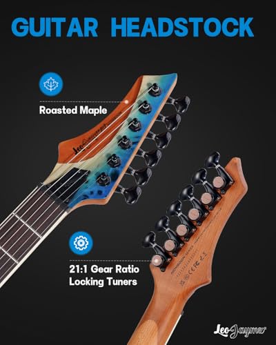 Leo Jaymz Electric Guitar Monsoon Series,Reverse Headstock,Mahogany Body,Roasted Maple Neck,Rosewood Fretboard,Locking Tuners,Rounded End Frets,AlnicoV Pickups,Fixed Bridge (Blue Flame)
