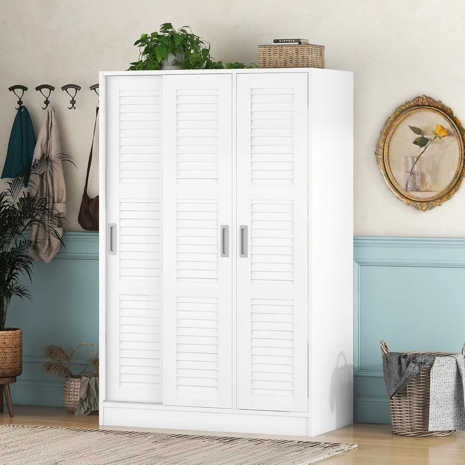 Wardrobe Storage Closet With 3 Shutter Doors And Hanging Rod, Wardrobe Closet For Hanging Clothes, Freestanding Bedroom Armoires Cabinet With Shelves, White - Curated Treasures Market