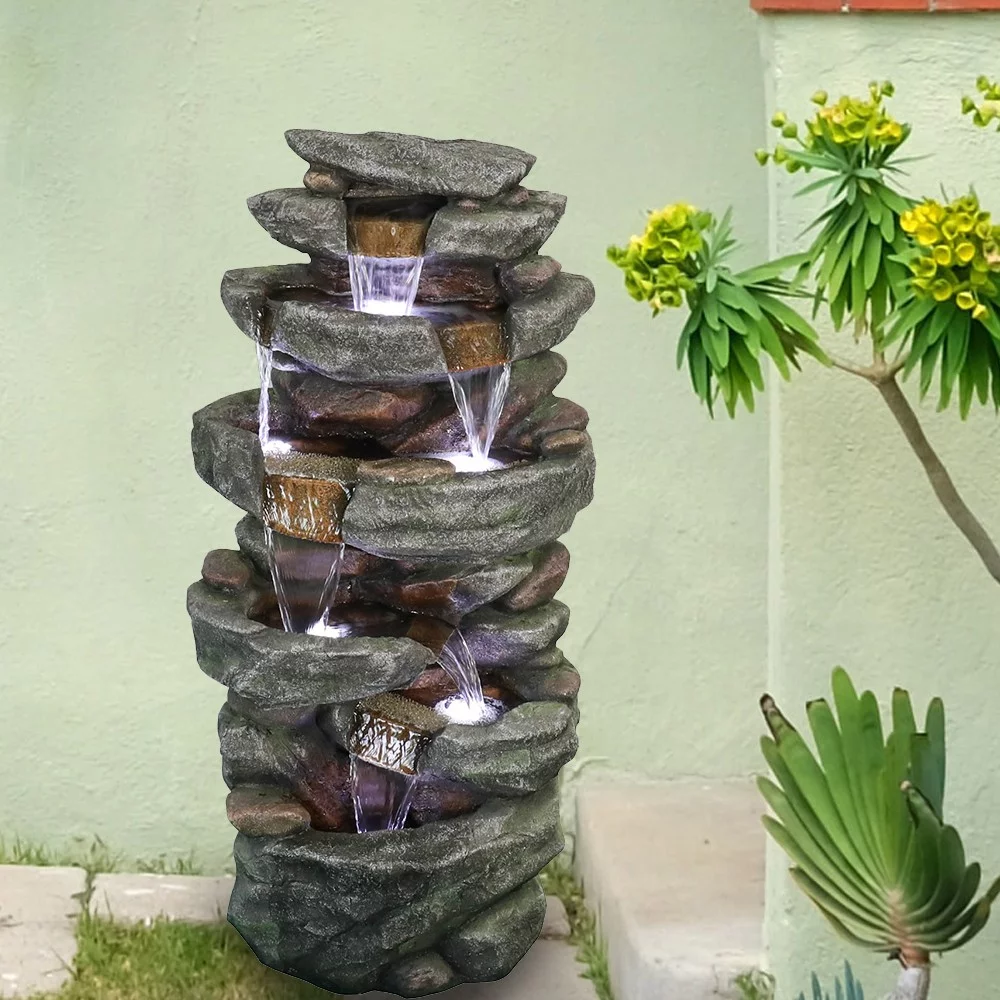 Willwolf Outdoor Water Fountain with LED Lights, 6 Tiers Waterfall for Garden Patio Yard Porch, Electric Resin Fountain - Curated Treasures Market
