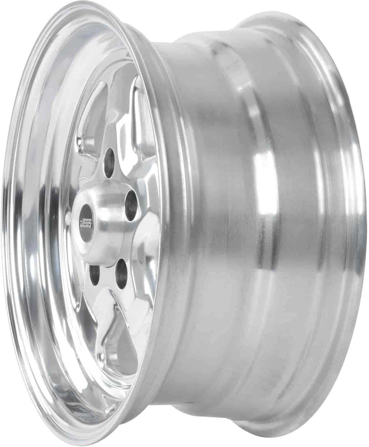 JEGS Sport Star Aluminum Wheel 15” x 7” | 5 x 4.5” Wheel Bolt Pattern Spacing | 0 mm Offset | 4” Backspacing | Polished Finish | 3.27” Center Bore | Includes Center Cap