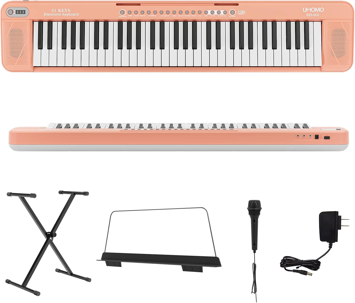 UMOMO UMK-816 Electric Piano Keyboard with Stand, 61 key Music Keyboard Piano, Portable Electronic Musical Piano with Microphone, Power Supply, Music Stand for Beginner, Kid and Adult, Pink Pack of 2