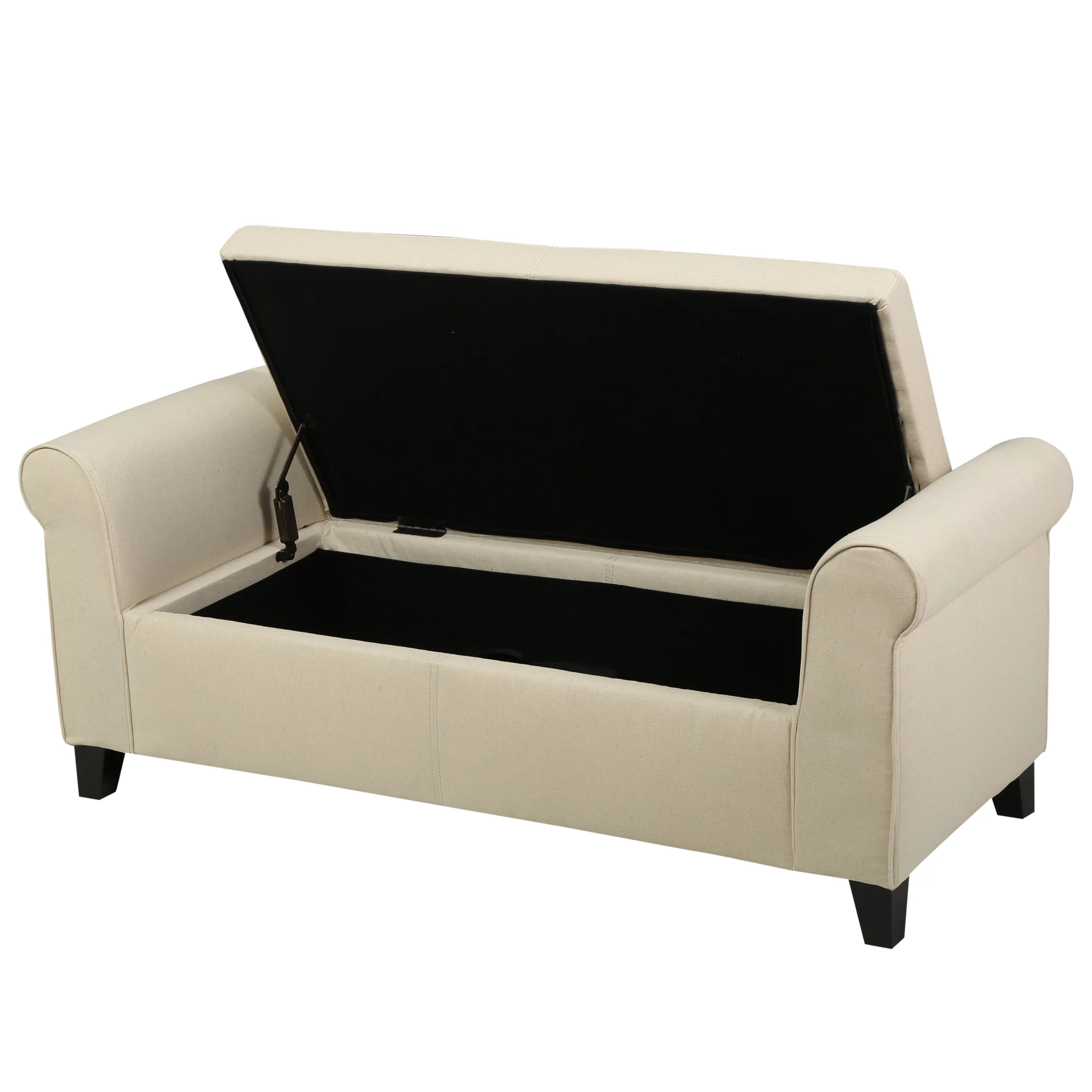 Noble House Haden Contemporary Fabric Upholstered Storage Ottoman Bench with Rolled Arms, Beige