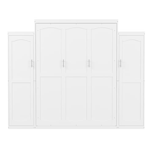 KLMM Wooden Murphy Bed Wall Bed with 2 Wardrobe and Storage Shelf,Foldable Platform Bedframe for Guest-Room Bedroom Study Office Use (White#E, Full)