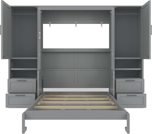 MERITLINE Full Murphy Bed with Desk and Storage 2 Closet,Drawers&Shelves, Wood Folding Murphy Wall Bed Cabinet for Adults (Full,White with Drawers)