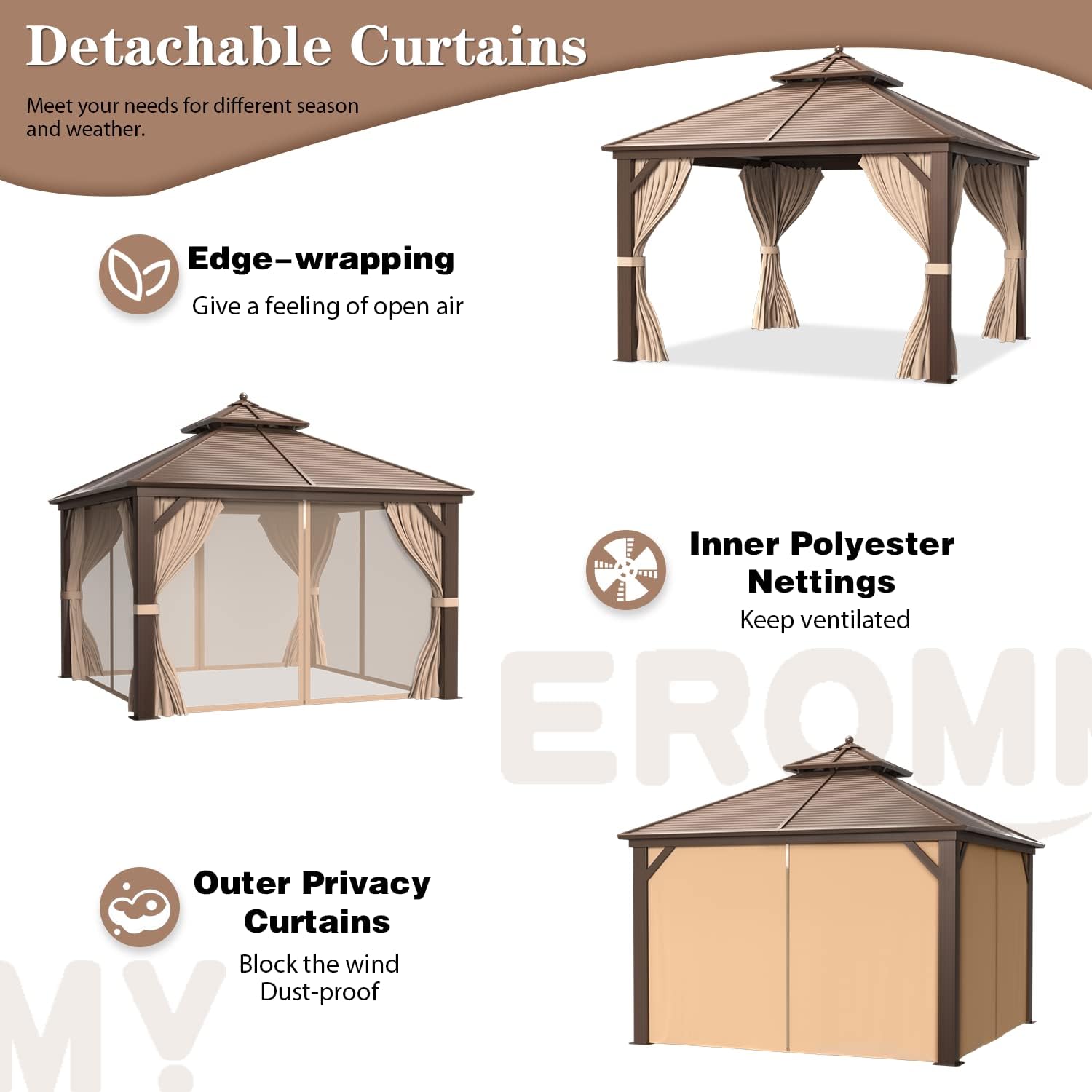 EROMMY Hardtop Gazebo Galvanized Steel Outdoor Gazebo Canopy Double Vented Roof Pergolas Aluminum Frame with Netting and Curtains for Garden,Patio,Lawns,Parties (10'x 13')