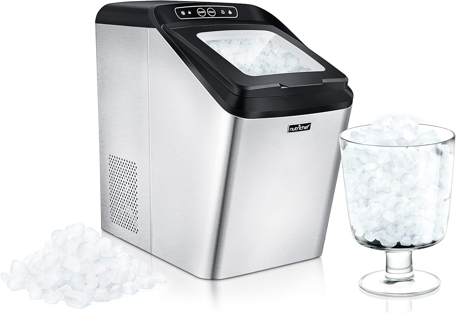 NutriChef Countertop Nugget Ice Maker Machine,Compact Self Cleaning Pellet Ice Machine,Quiet,Fast,and Efficient Icemaker,Stainless Steel Housing,Sleek Design for Indoor Use,Home,RV,