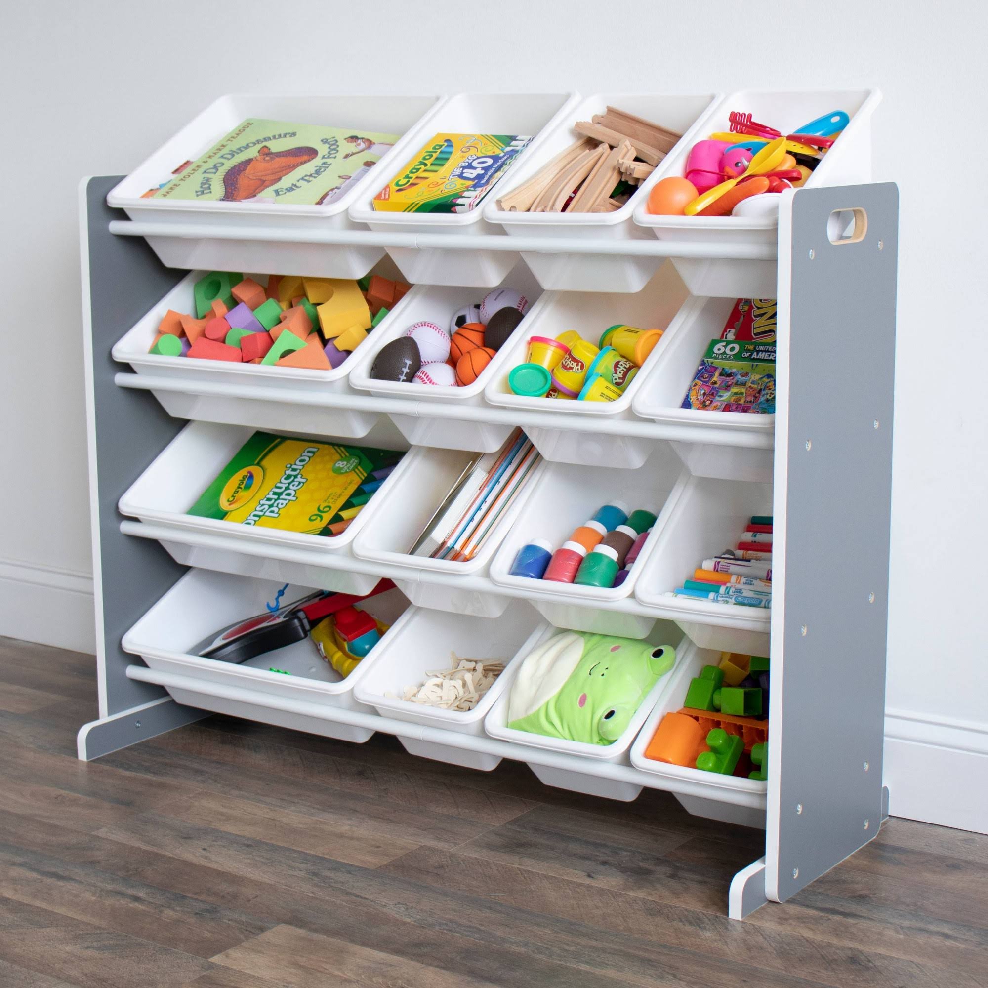 Humble Crew Kids Toy Organizer with 16 Storage Bins, Grey/White