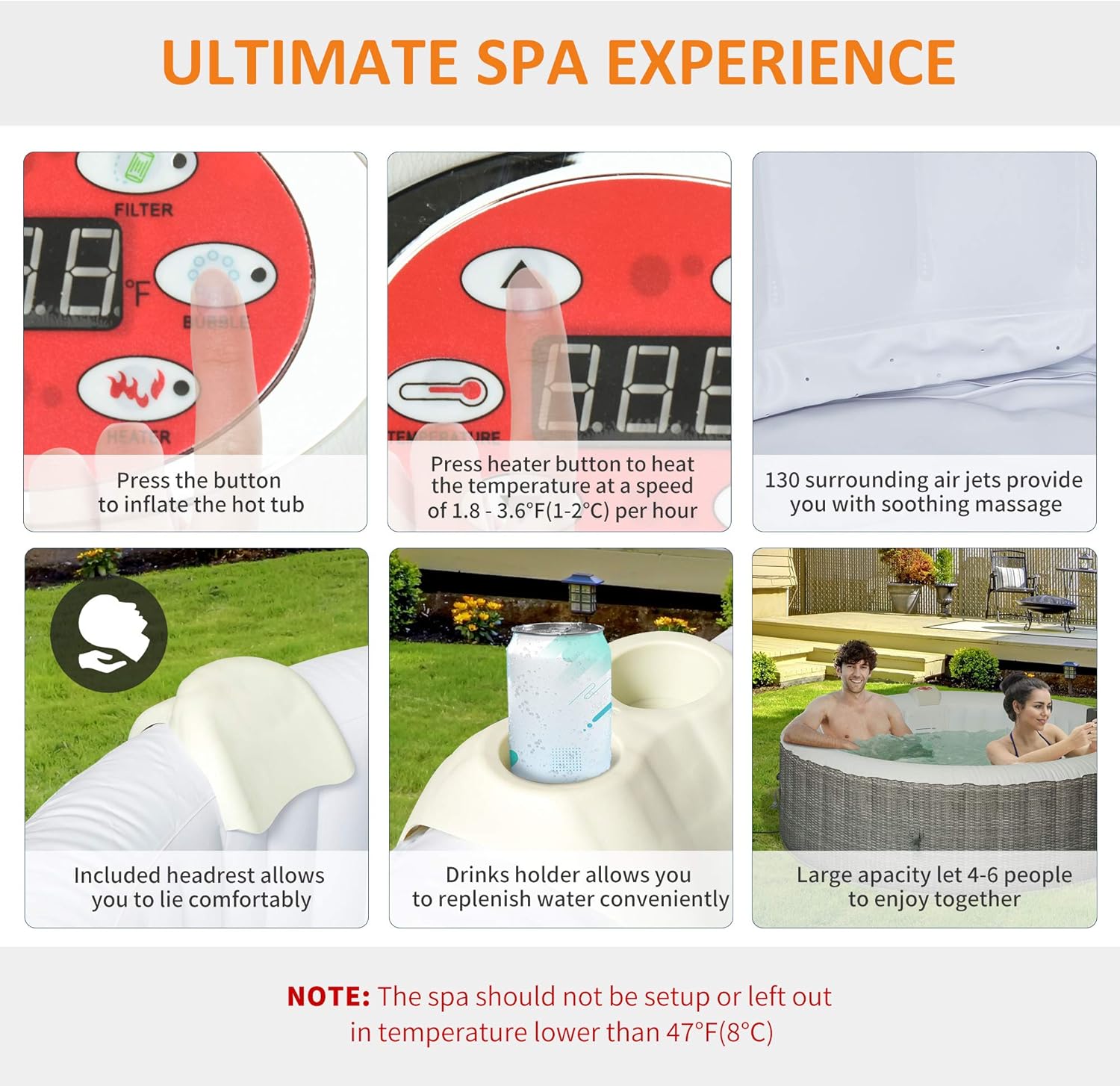 Outsunny 4-6 Person Inflatable Portable Hot Tub Outdoor Round Heated Spa with 130 Jets, Cover, Filter Cartridges, Grey