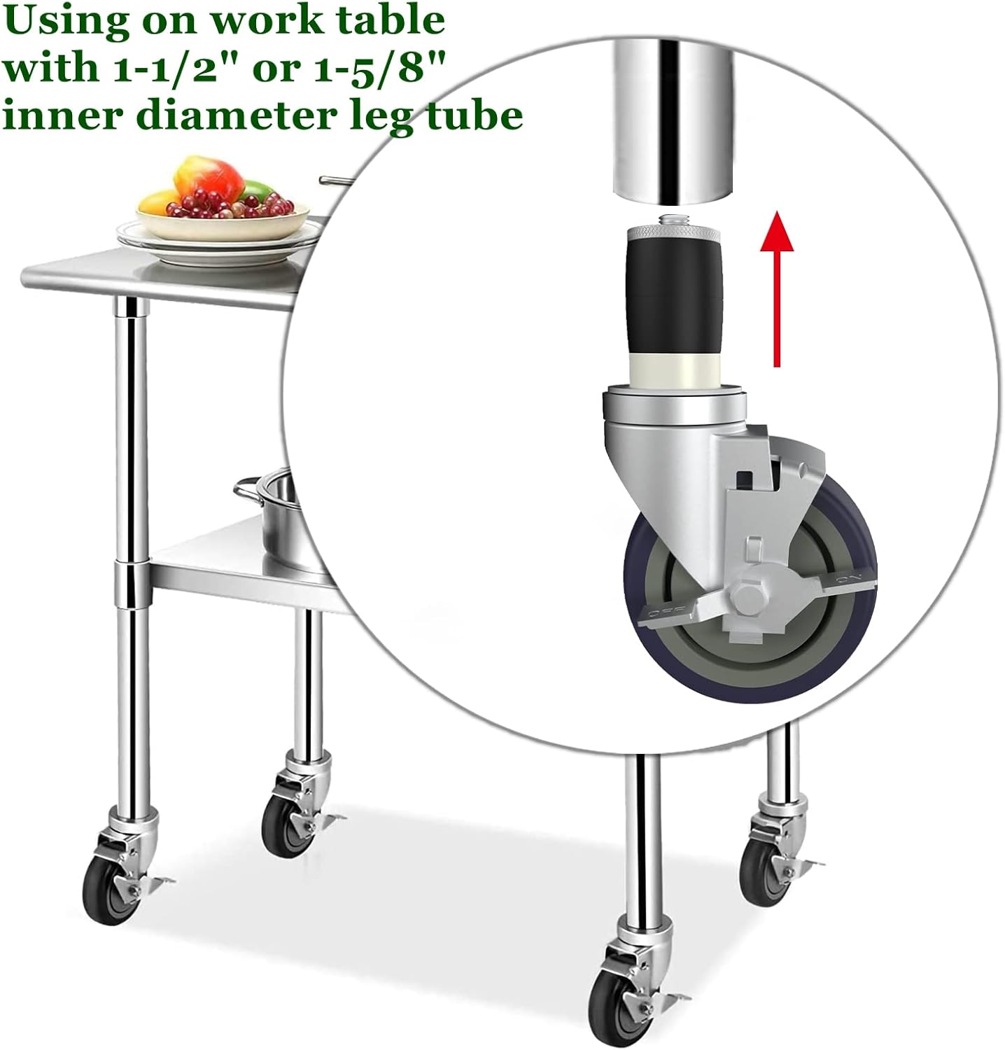 MySit 4 inch Work Table Caster Wheels for Commercial Kitchen Prep Tables, Expanding Stem Casters Set of 4 with Locking Brakes Fit Both 1-1/2 and 1-5/8 Leg Tube Adapter for Stainless Steel Worktable