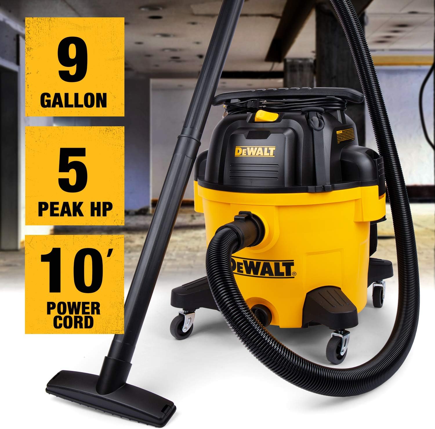 DEWALT 9 Gallon Wet/Dry VAC Heavy-Duty Shop Vacuum with Attachments, 5 Peak HP, with Blower Function, DXV09PA, Yellow