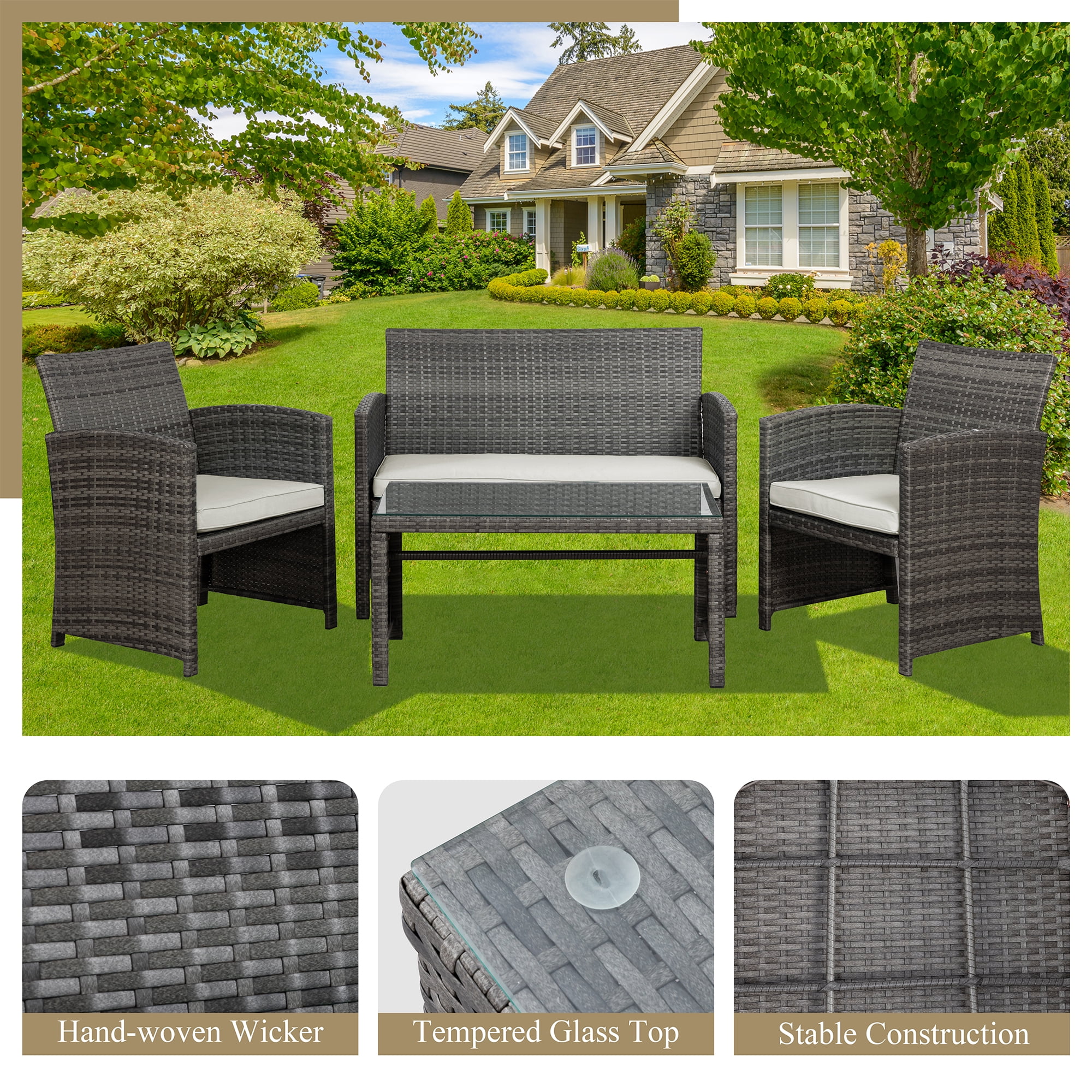 Walsunny 4 Piece Patio Ratten Set Outdoor Furniture Set Wicker Conversation Set with Cushions and Tempered Glass Tabletop