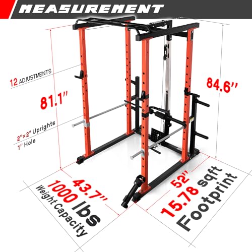 RitFit Power Cage with Optional LAT PullDown/Cable Crossover/Smith Machine System, 1000LB Squat Rack for Home & Garage Gym, with Weight Storage Rack and More Training Attachments, ASTM-Certified