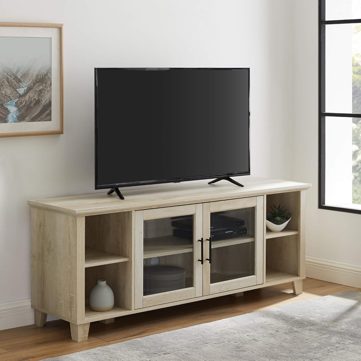 Walker Edison Farmhouse Glass and Wood TV Stand for TV's up to 80 Universal TV Stand for Flat Screen Living Room Storage Cabinets and Shelves Entertainment Center, 70 Inch, White Oak