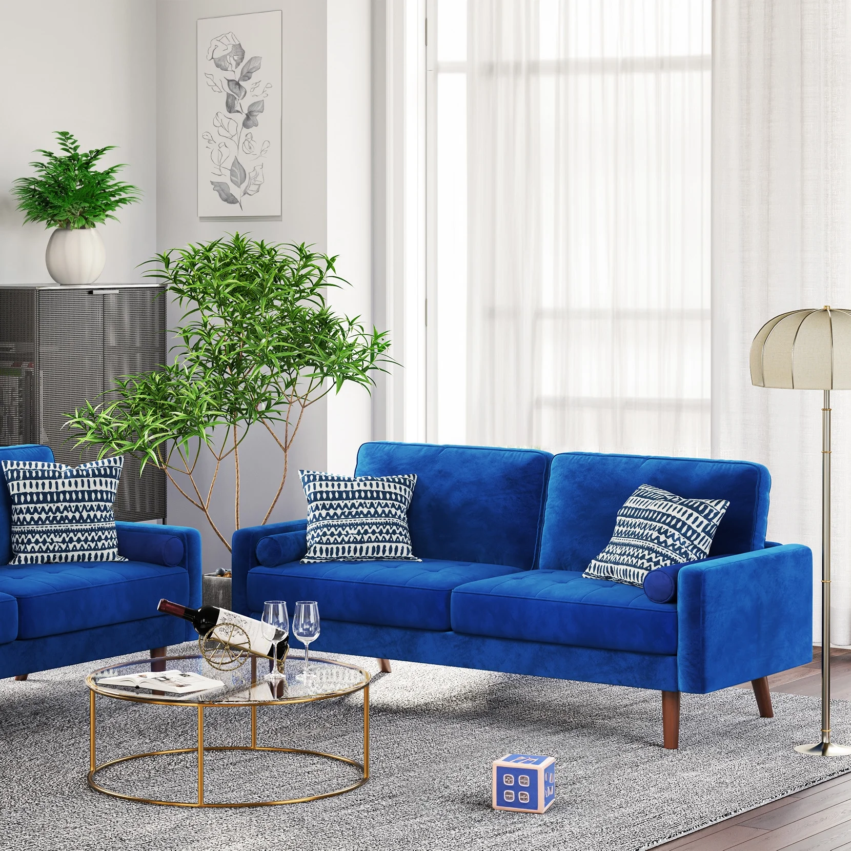 NAIMP 69.3'' W Blue Couches, Velvet Rolled Arm Sofa, Upholstered 3-Seater Loveseat w/Armrest for Living Room Bedroom, Apartment, Home Office