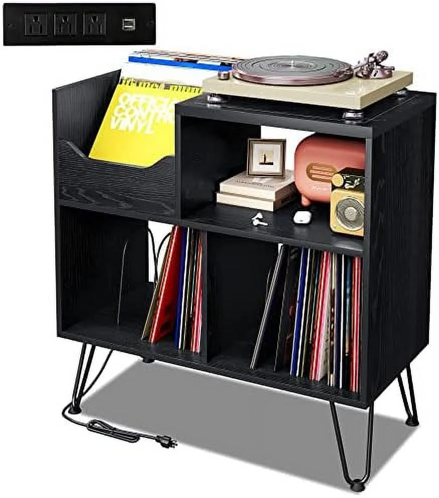RUNFAYBIU Record Player Stand with Vibration-Isolated Turntable Design  Vinyl Record  Table with Charging Station  Mid-Century Modern Turntable Stand (Black)