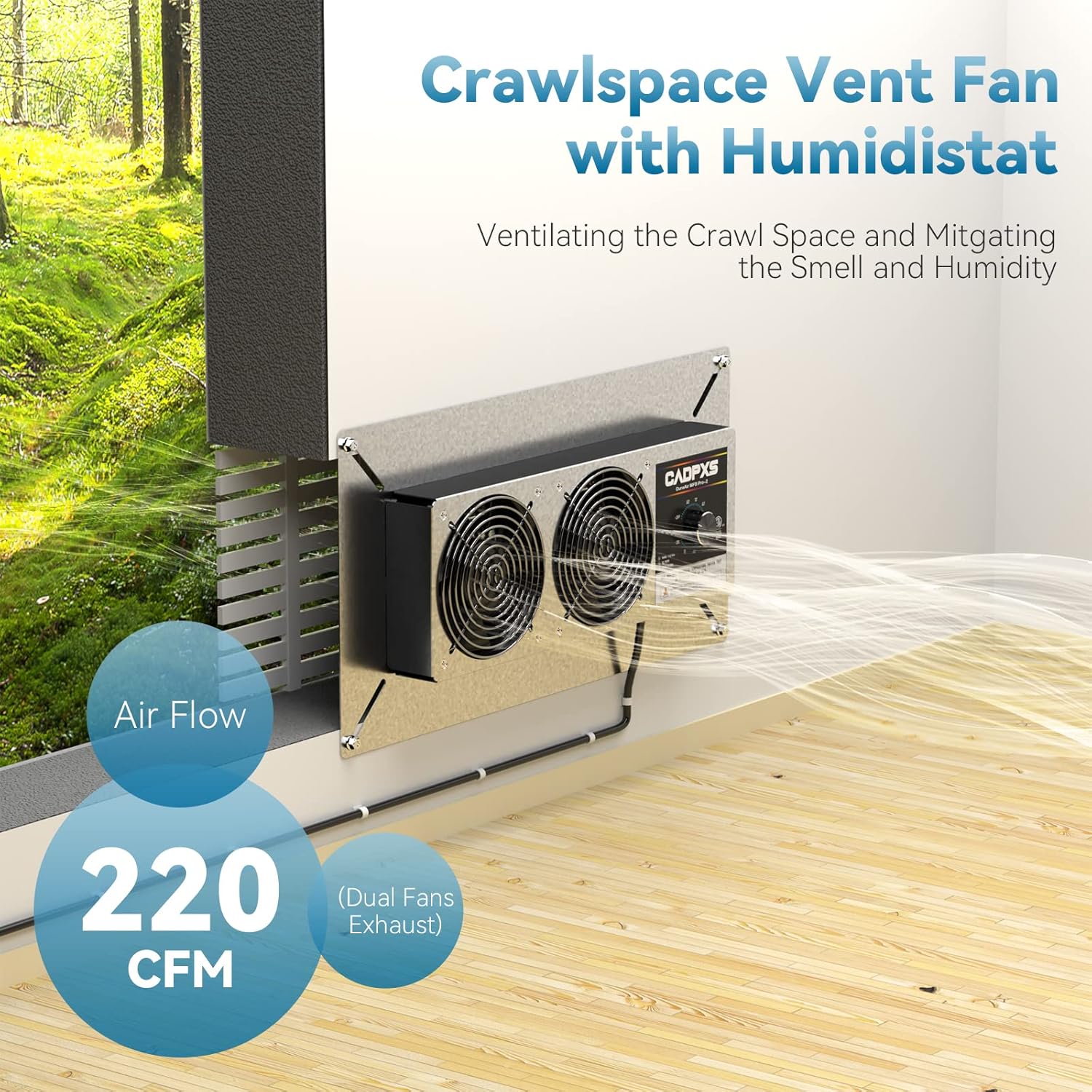 Crawlspace Ventilation Fan, Crawlspace Fan Vent with Humidistat, Dehumidistat & Freeze Protection Thermostat, for Crawl Spaces/Basement/Garage/Attic/Hydroponics Grow Tents (220 CFM Air Out)