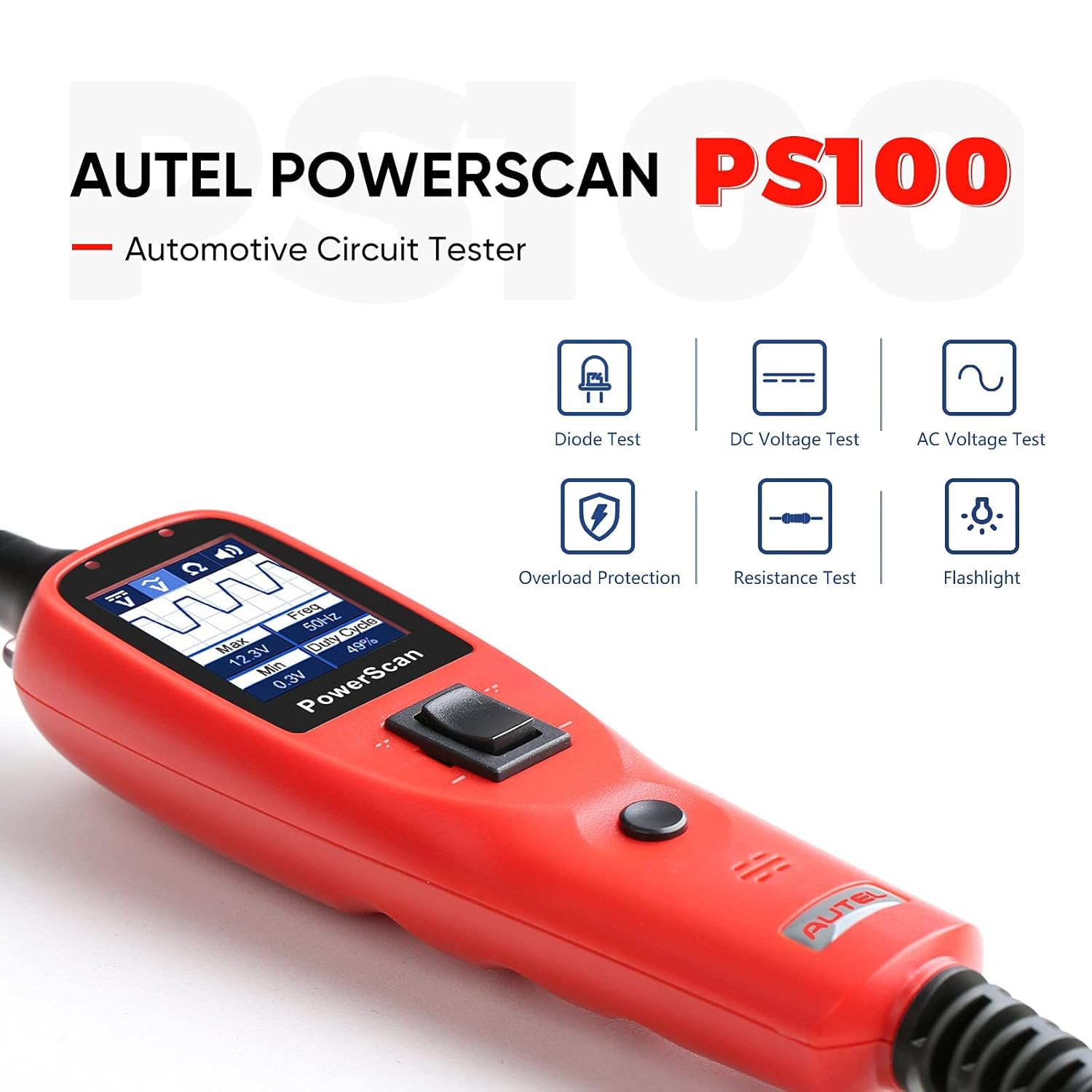 Autel Power Circuit Probe Kit, PS100 Powerscan Automotive Circuit Tester, Electrical System Diagnosis Tool Car Voltage Tester Digital Voltmeter Red